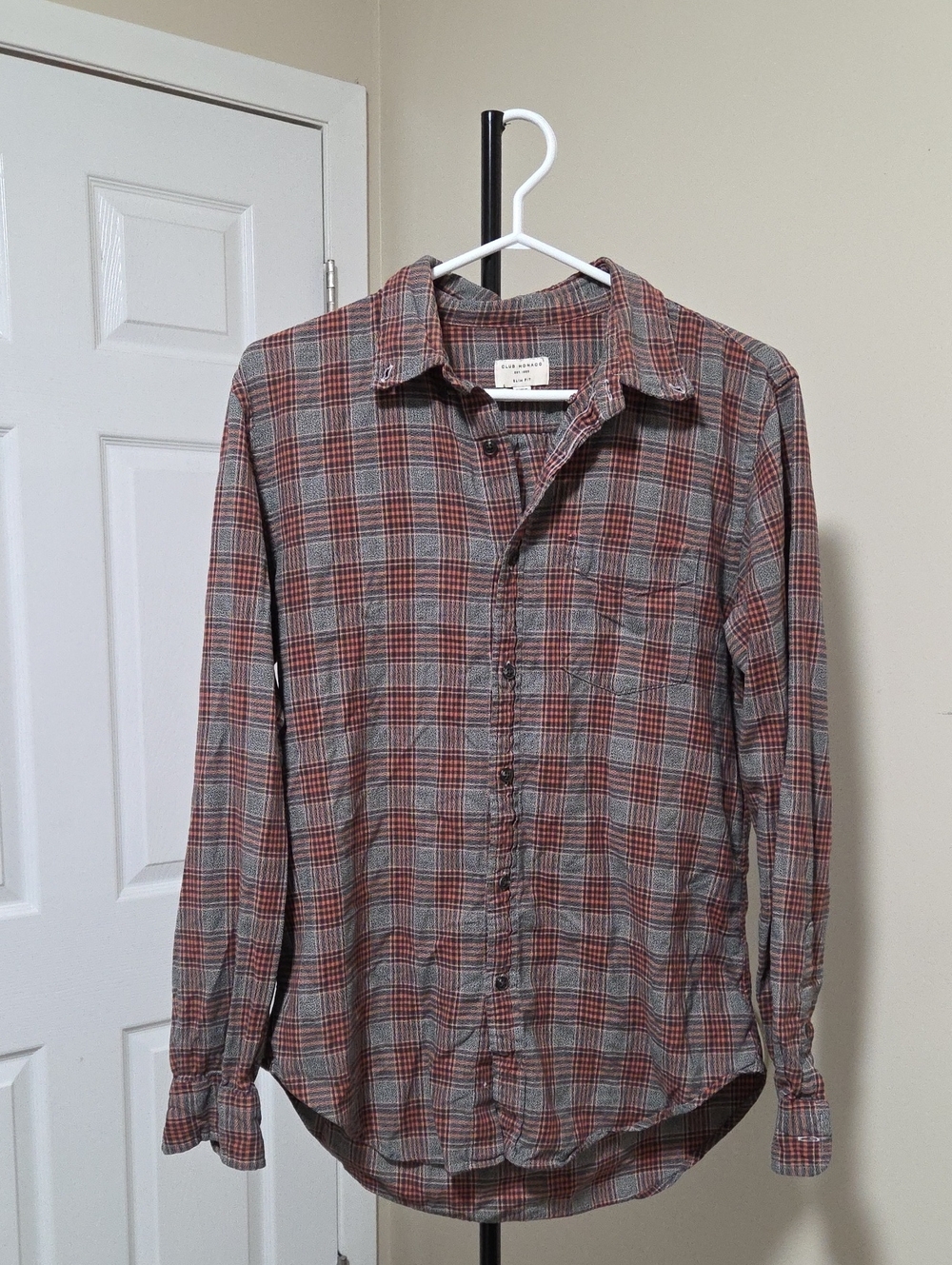 Club Monaco 100% Cotton Red and Gray Plaid Button-Down Shirt